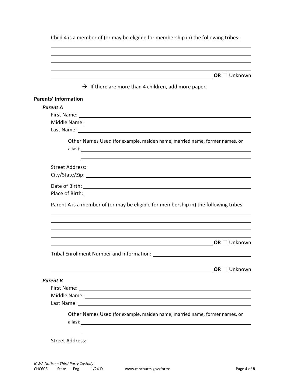 Form CHC605 Icwa Notice for Third Party Custody - Minnesota, Page 4