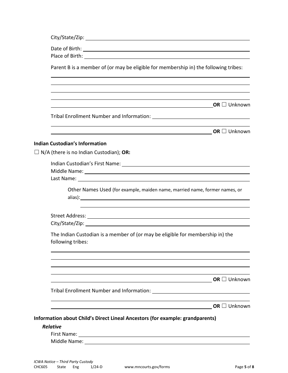 Form CHC605 Icwa Notice for Third Party Custody - Minnesota, Page 5