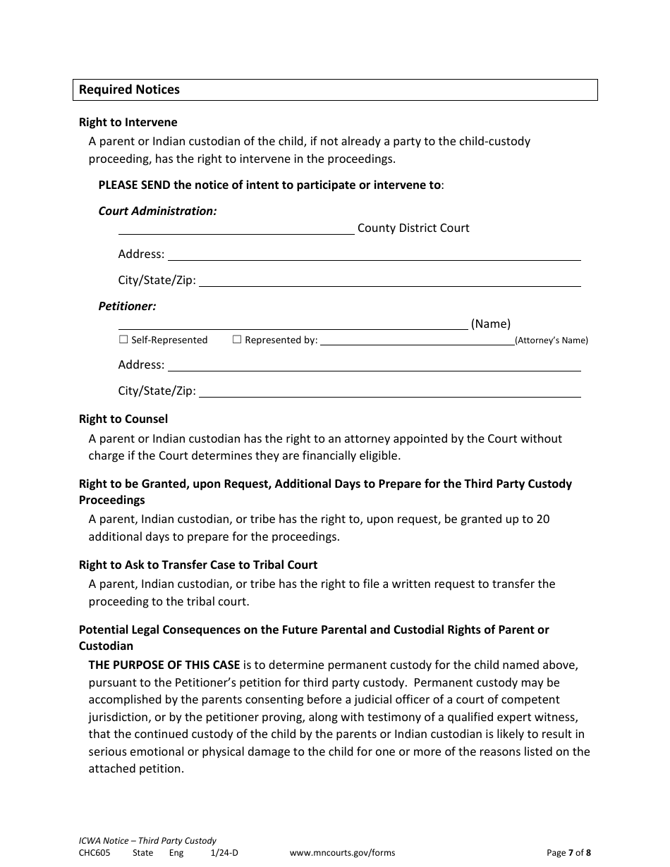Form CHC605 Icwa Notice for Third Party Custody - Minnesota, Page 7