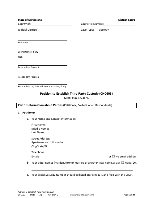 Form CHC603 Petition to Establish Third Party Custody - Minnesota