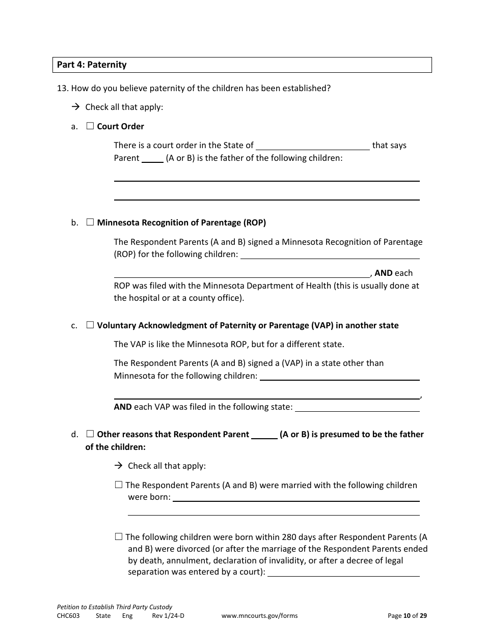 Form CHC603 Petition to Establish Third Party Custody - Minnesota, Page 10
