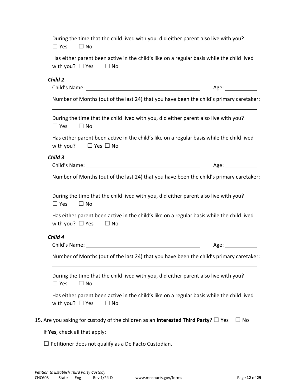 Form CHC603 Petition to Establish Third Party Custody - Minnesota, Page 12