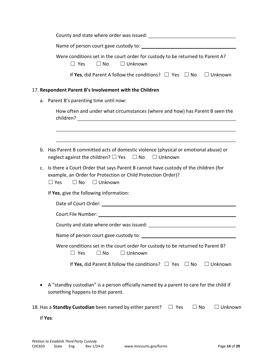 Form CHC603 Petition to Establish Third Party Custody - Minnesota, Page 14
