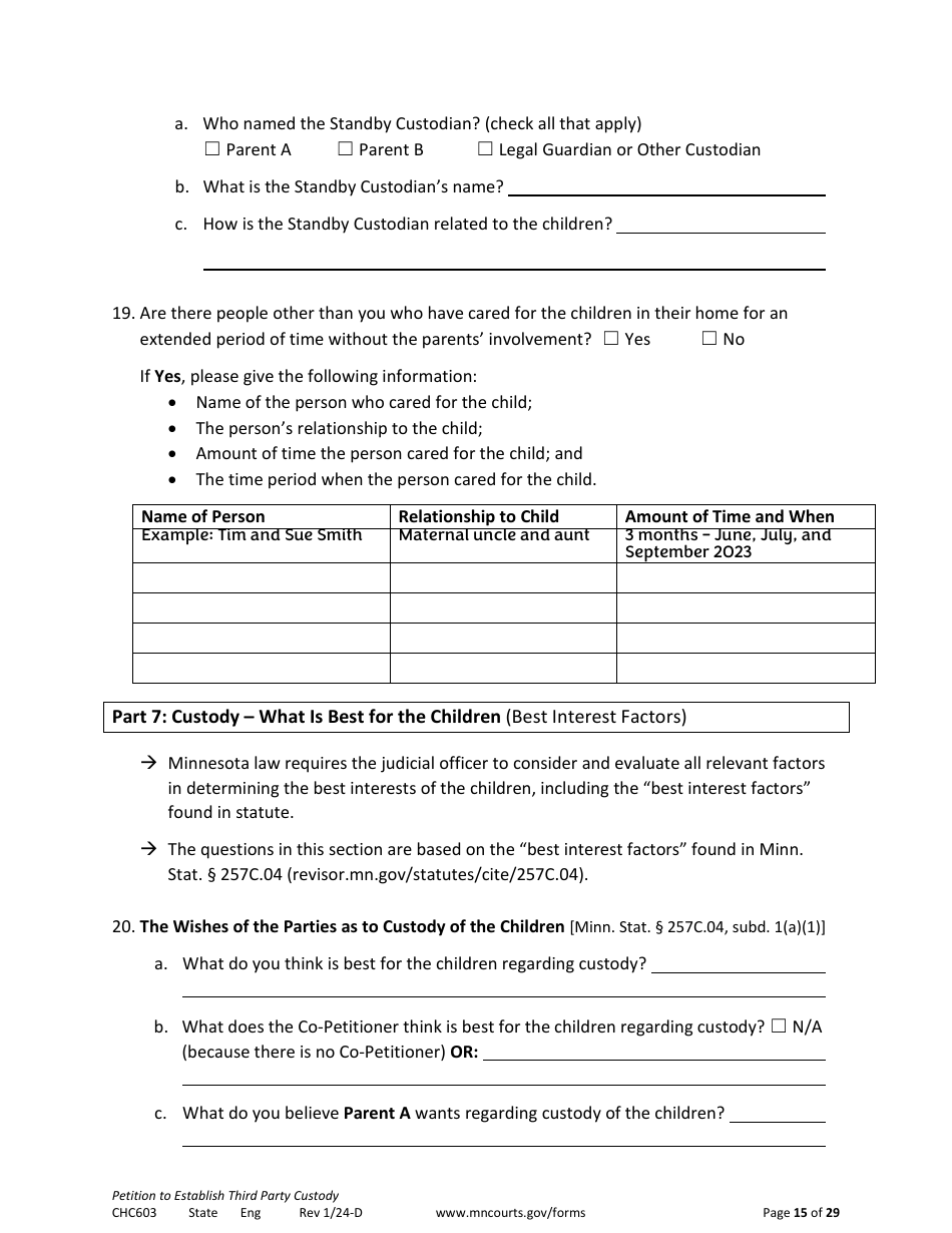 Form CHC603 Petition to Establish Third Party Custody - Minnesota, Page 15