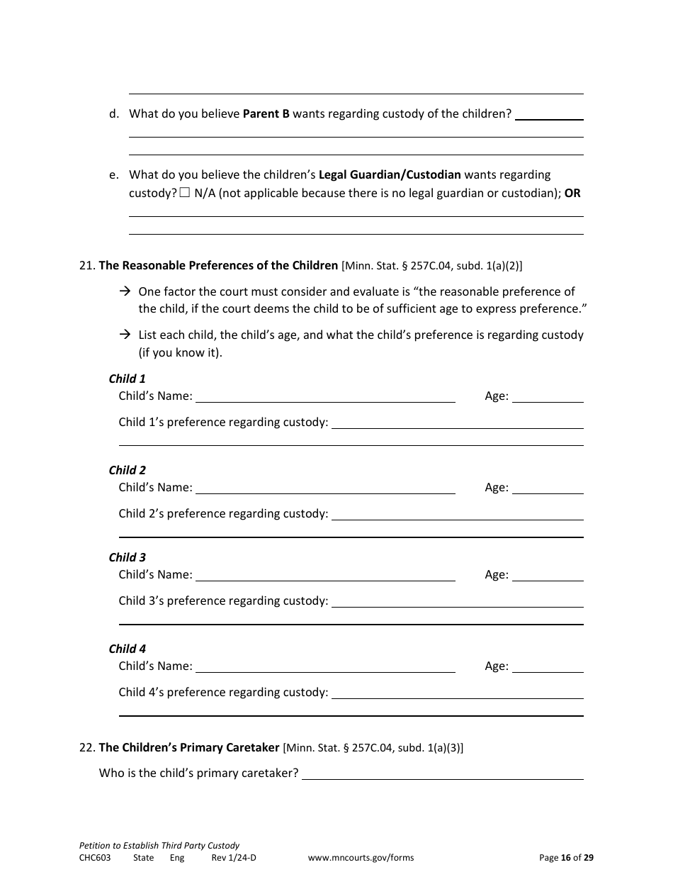 Form CHC603 Petition to Establish Third Party Custody - Minnesota, Page 16