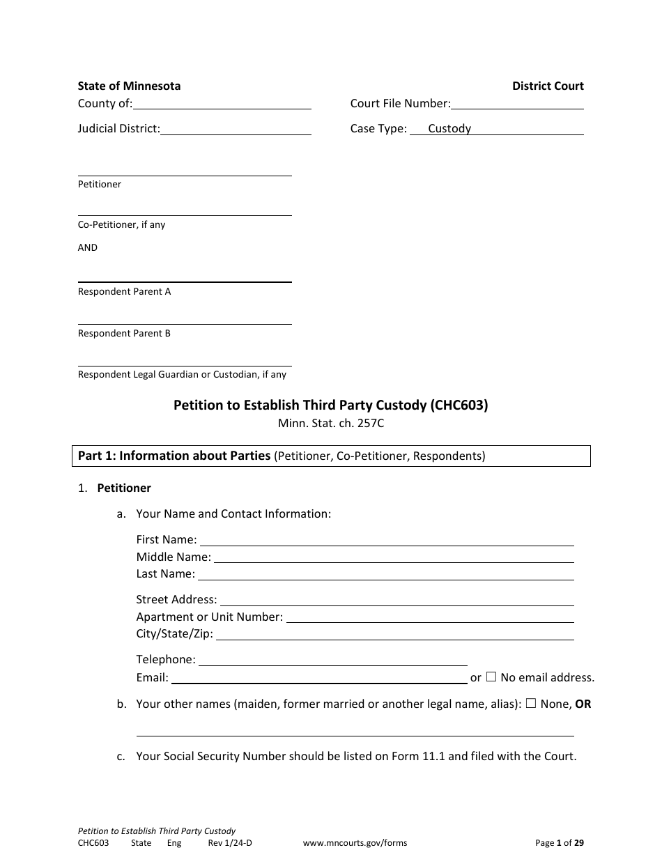 Form CHC603 Petition to Establish Third Party Custody - Minnesota, Page 1