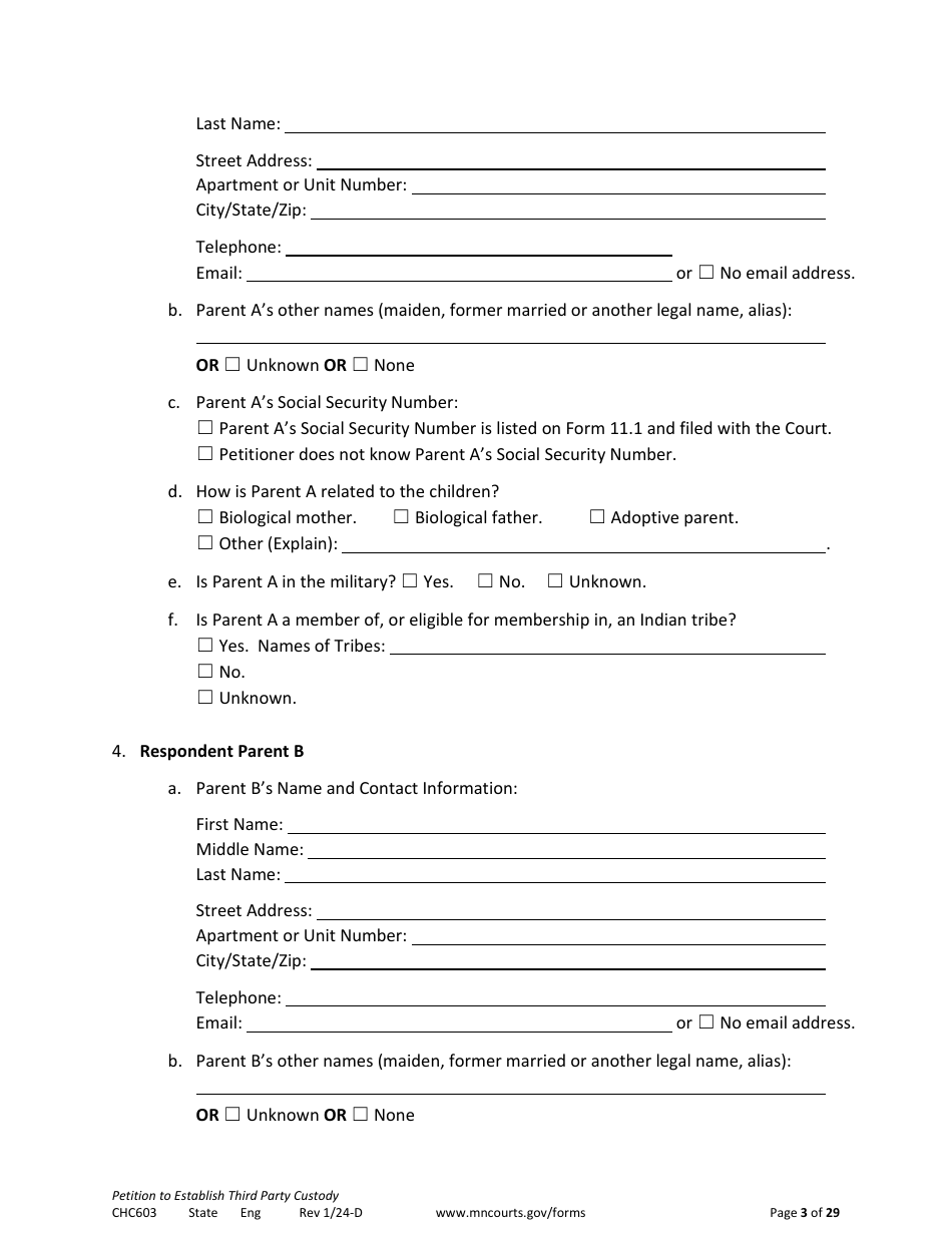 Form CHC603 Petition to Establish Third Party Custody - Minnesota, Page 3