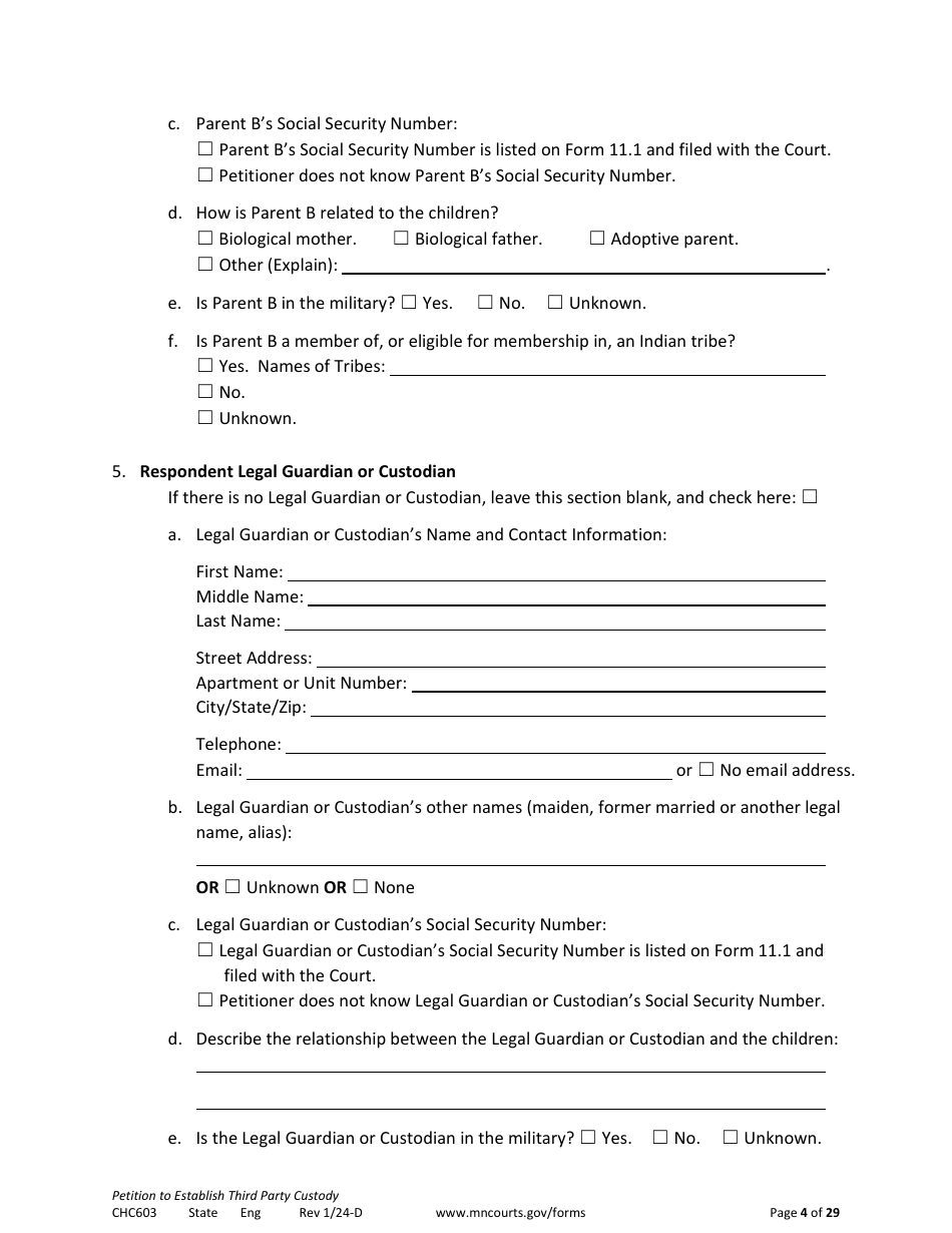 Form CHC603 Petition to Establish Third Party Custody - Minnesota, Page 4