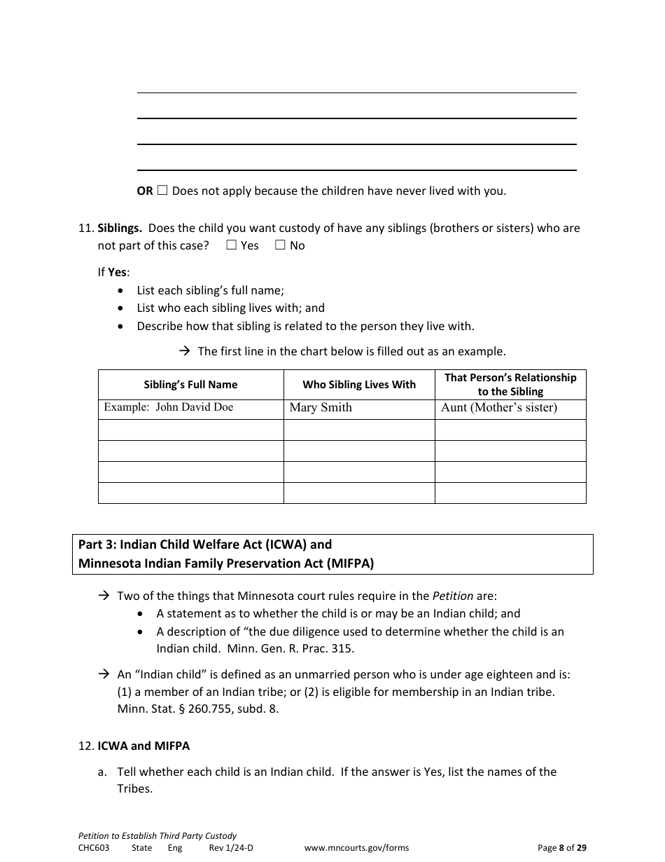Form CHC603 Petition to Establish Third Party Custody - Minnesota, Page 8