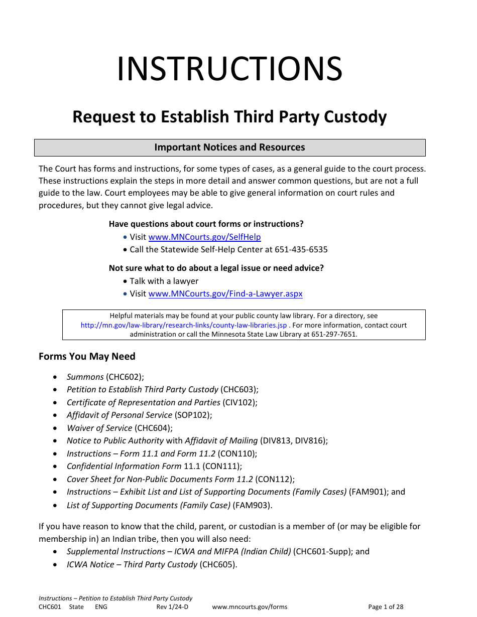 Form CHC601 Instructions - Request to Establish Third Party Custody - Minnesota, Page 1
