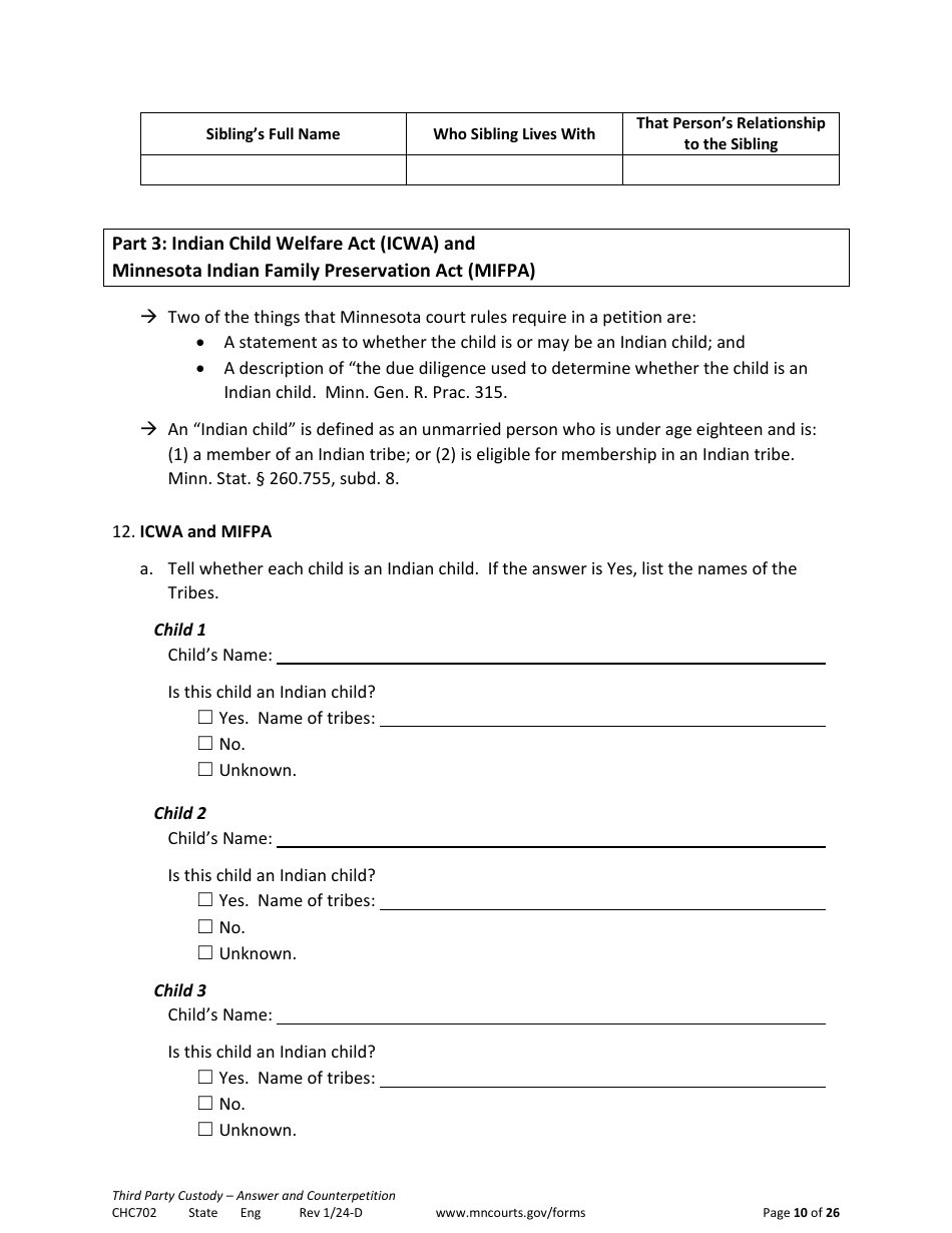 Form CHC702 Answer to Third Party Custody Petition and Counterpetition for Custody - Minnesota, Page 10