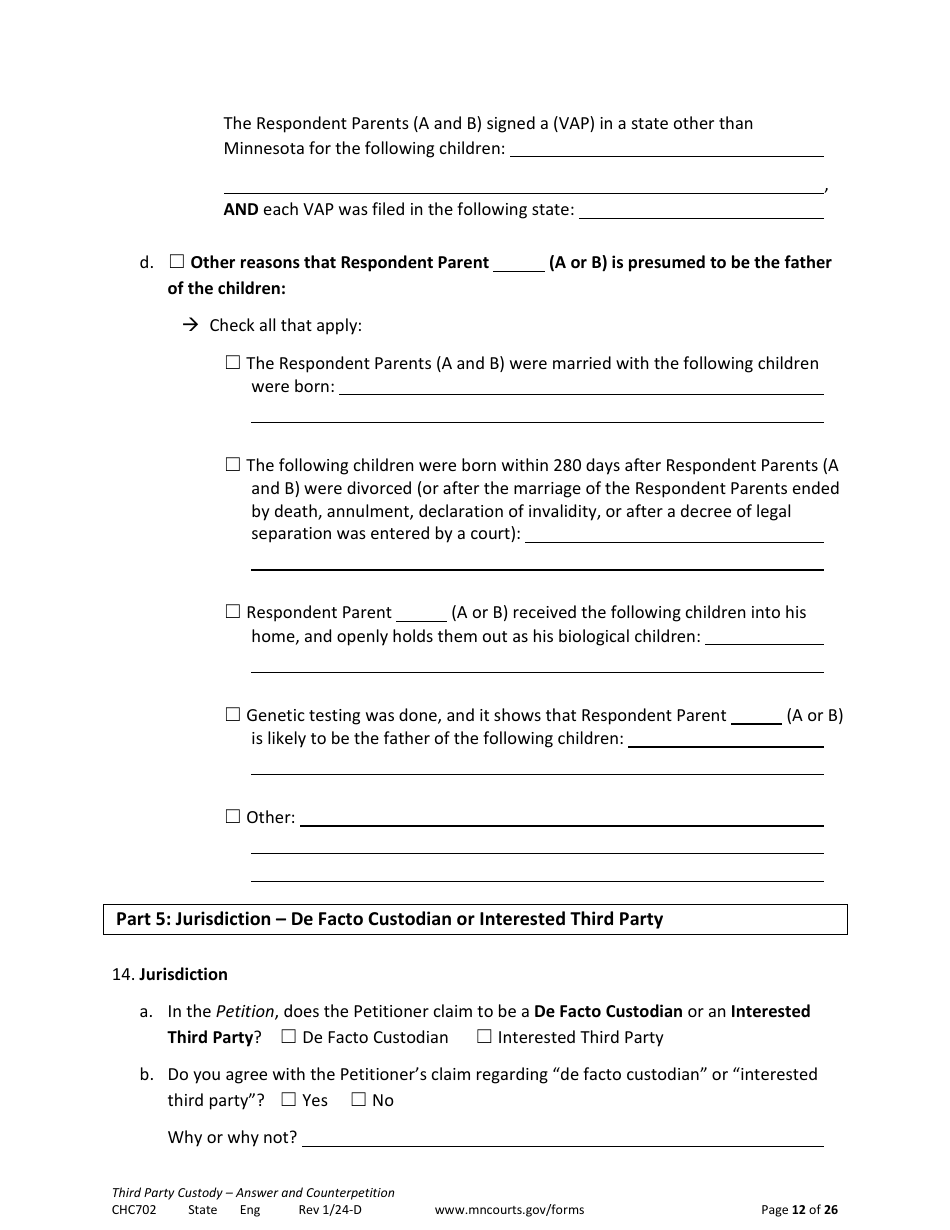 Form CHC702 Answer to Third Party Custody Petition and Counterpetition for Custody - Minnesota, Page 12