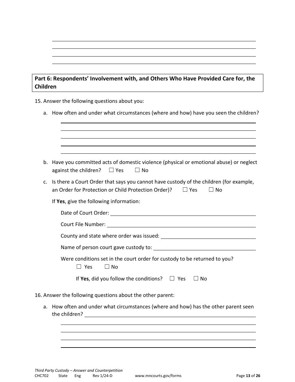 Form CHC702 Answer to Third Party Custody Petition and Counterpetition for Custody - Minnesota, Page 13