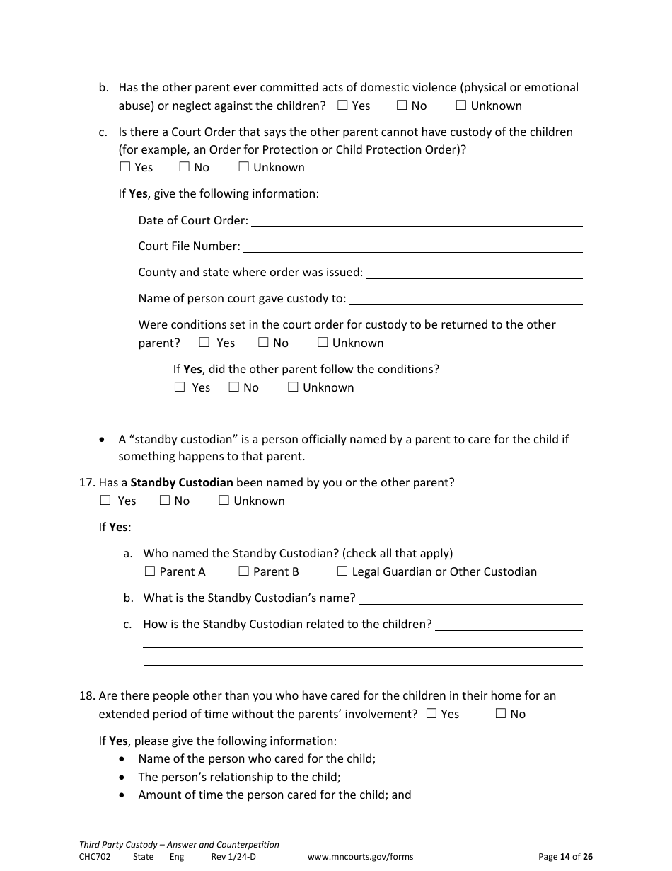 Form CHC702 Answer to Third Party Custody Petition and Counterpetition for Custody - Minnesota, Page 14