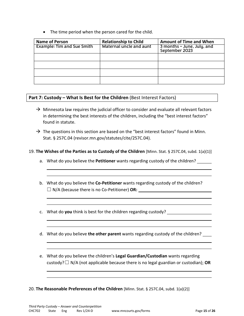 Form CHC702 Answer to Third Party Custody Petition and Counterpetition for Custody - Minnesota, Page 15