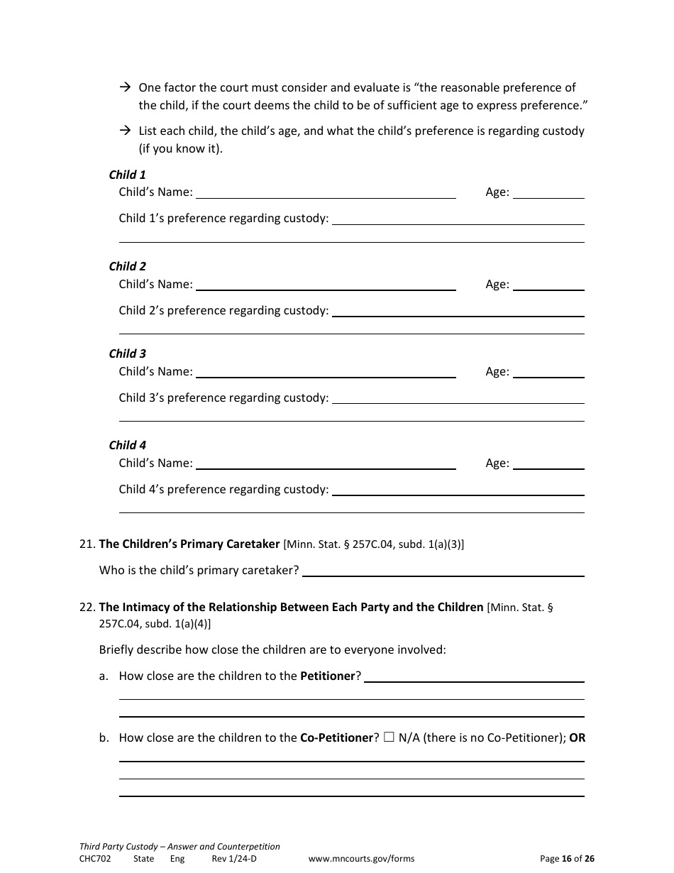 Form CHC702 Answer to Third Party Custody Petition and Counterpetition for Custody - Minnesota, Page 16