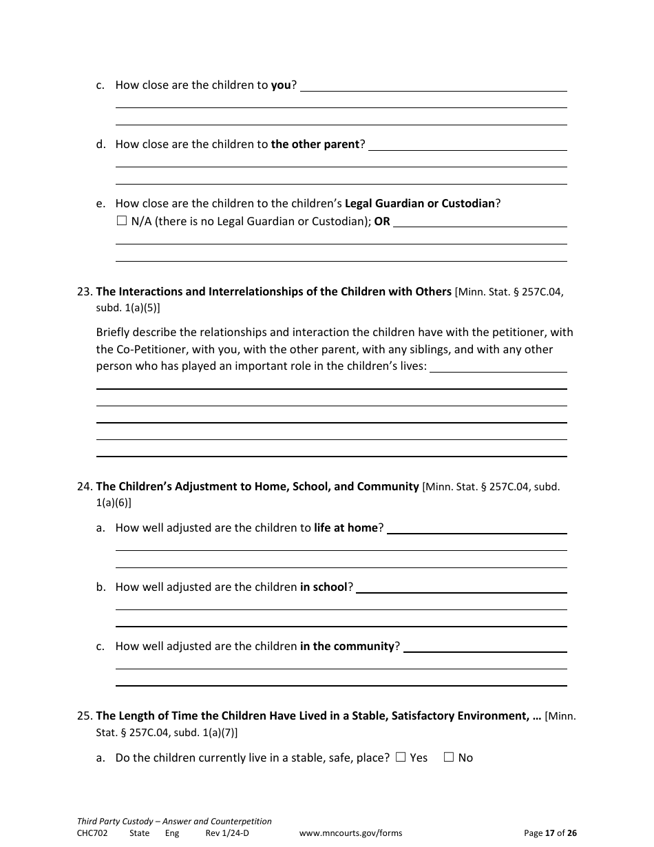 Form CHC702 Answer to Third Party Custody Petition and Counterpetition for Custody - Minnesota, Page 17