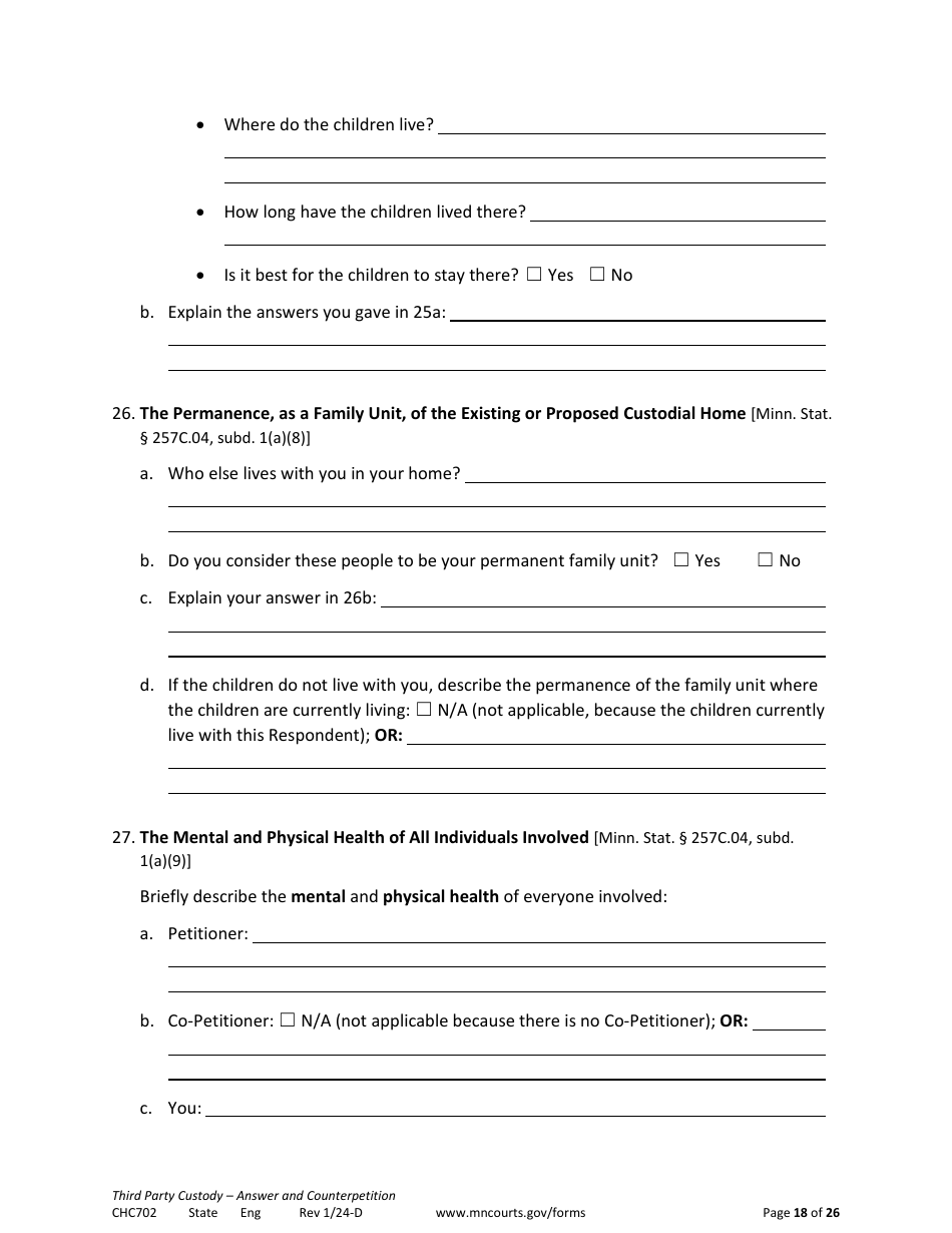 Form CHC702 Answer to Third Party Custody Petition and Counterpetition for Custody - Minnesota, Page 18