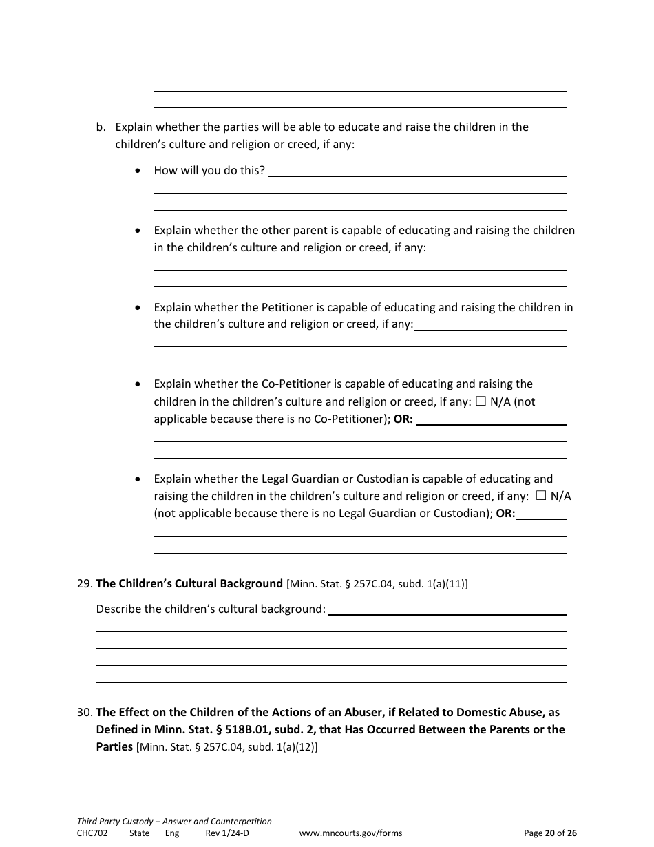 Form CHC702 Answer to Third Party Custody Petition and Counterpetition for Custody - Minnesota, Page 20