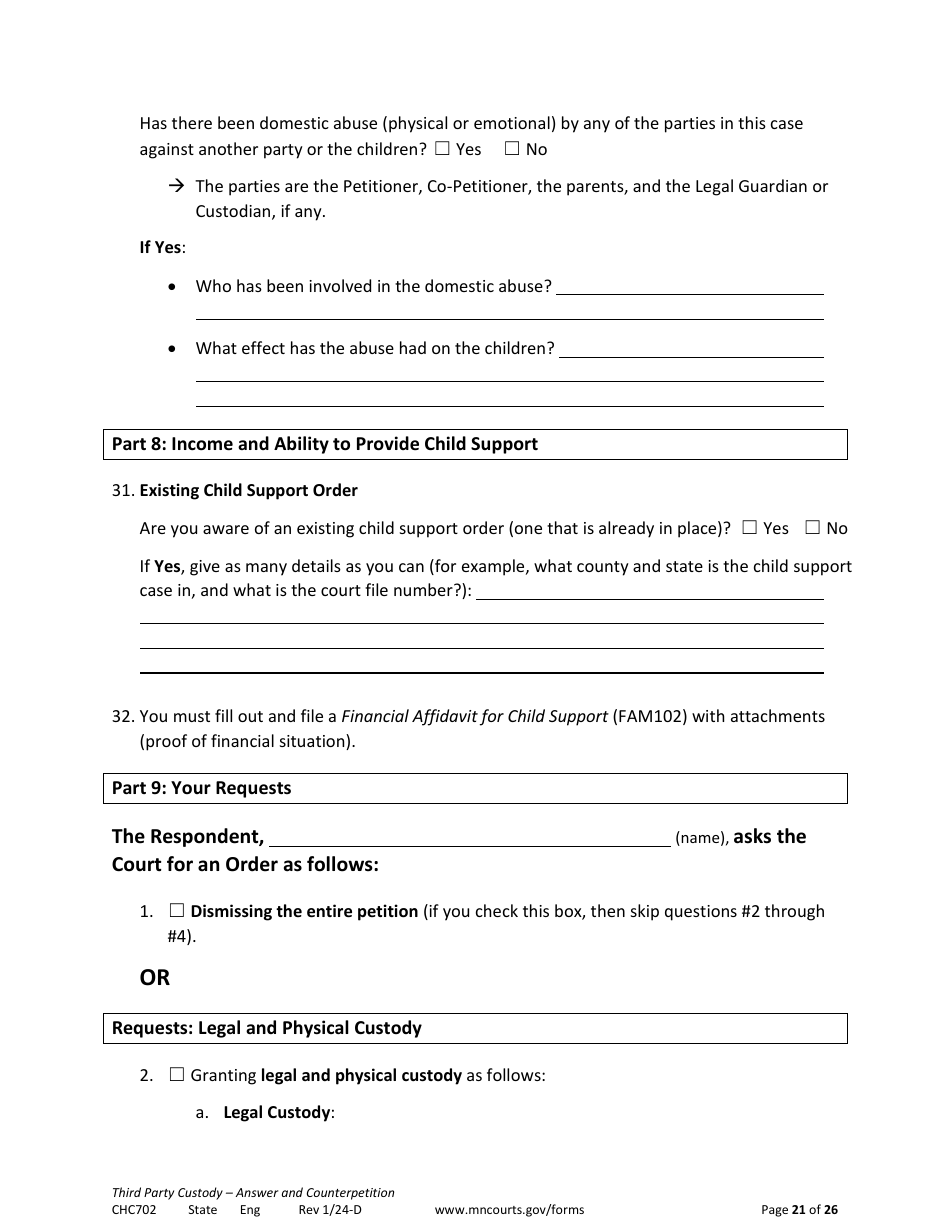 Form CHC702 Answer to Third Party Custody Petition and Counterpetition for Custody - Minnesota, Page 21