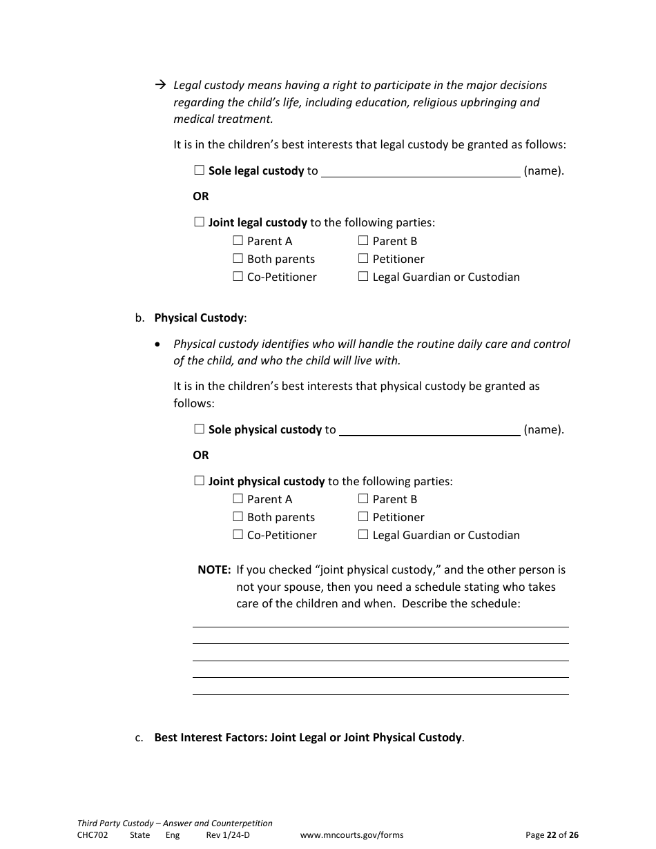Form CHC702 Answer to Third Party Custody Petition and Counterpetition for Custody - Minnesota, Page 22