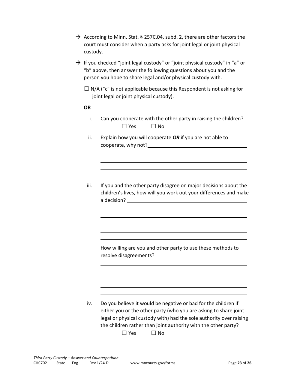 Form CHC702 Answer to Third Party Custody Petition and Counterpetition for Custody - Minnesota, Page 23