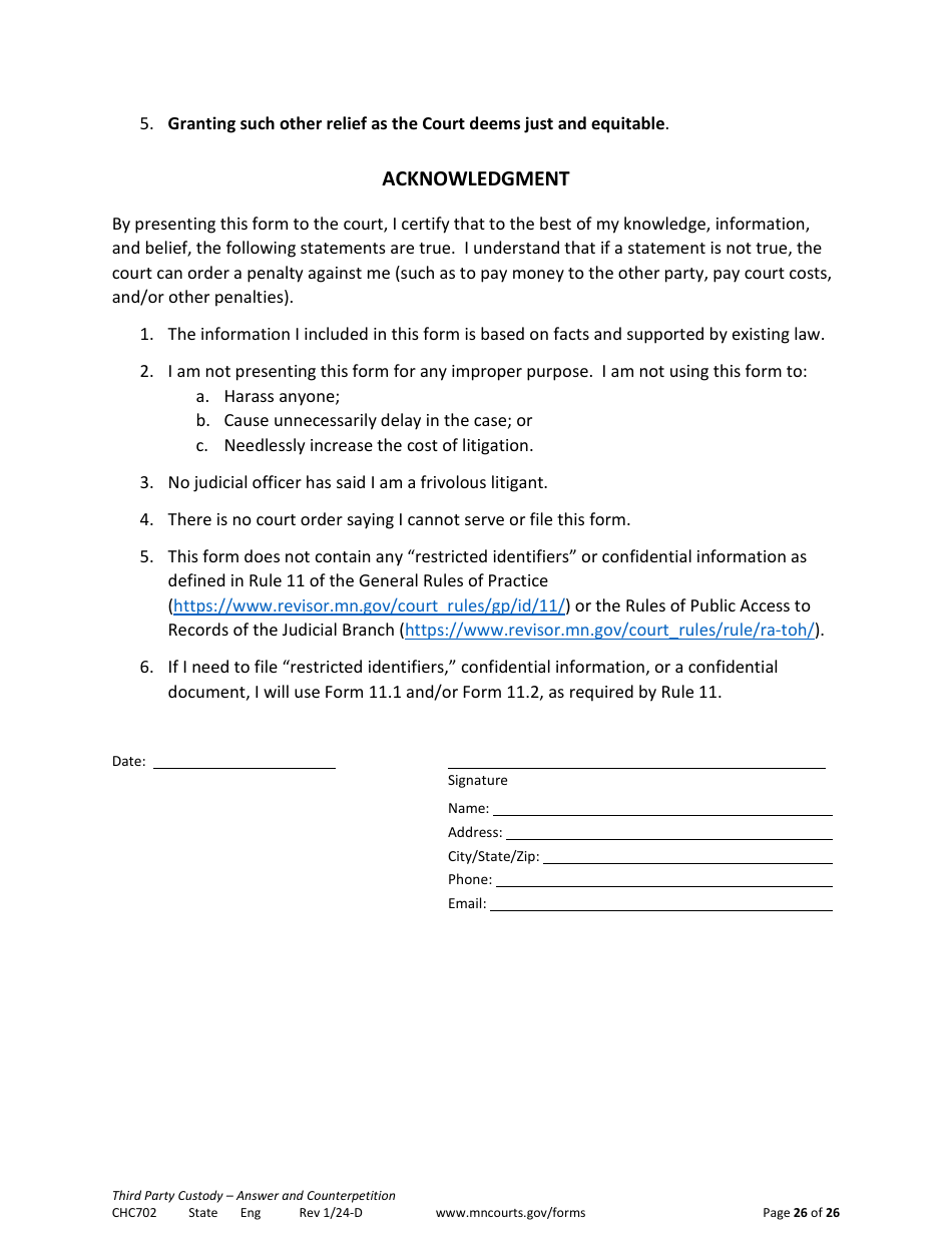 Form CHC702 Answer to Third Party Custody Petition and Counterpetition for Custody - Minnesota, Page 26