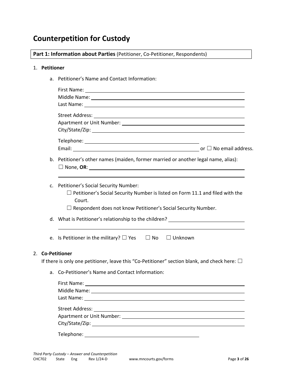 Form CHC702 Answer to Third Party Custody Petition and Counterpetition for Custody - Minnesota, Page 3