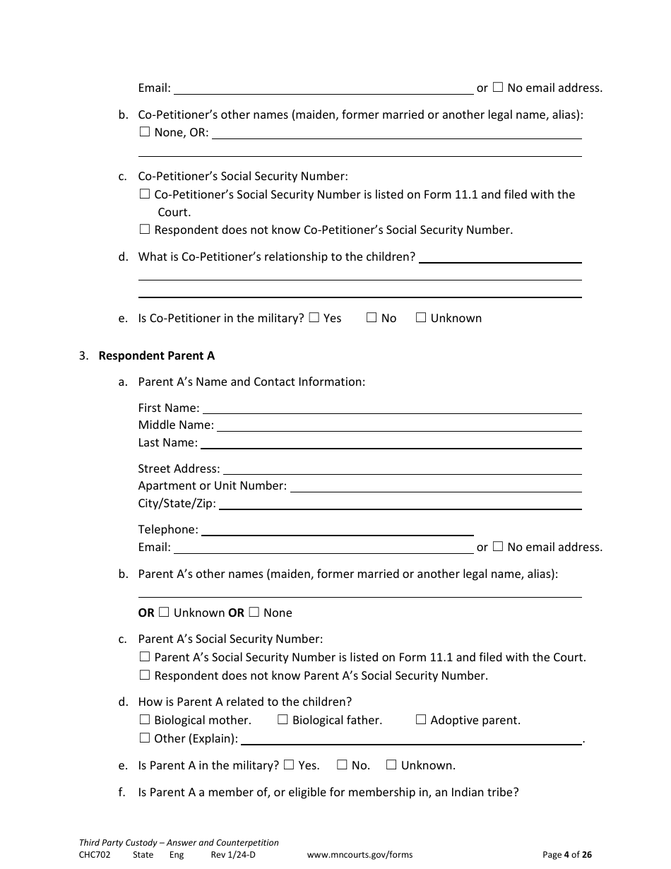 Form CHC702 Answer to Third Party Custody Petition and Counterpetition for Custody - Minnesota, Page 4