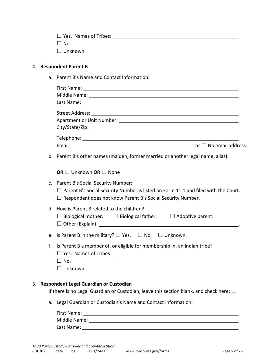 Form CHC702 Answer to Third Party Custody Petition and Counterpetition for Custody - Minnesota, Page 5