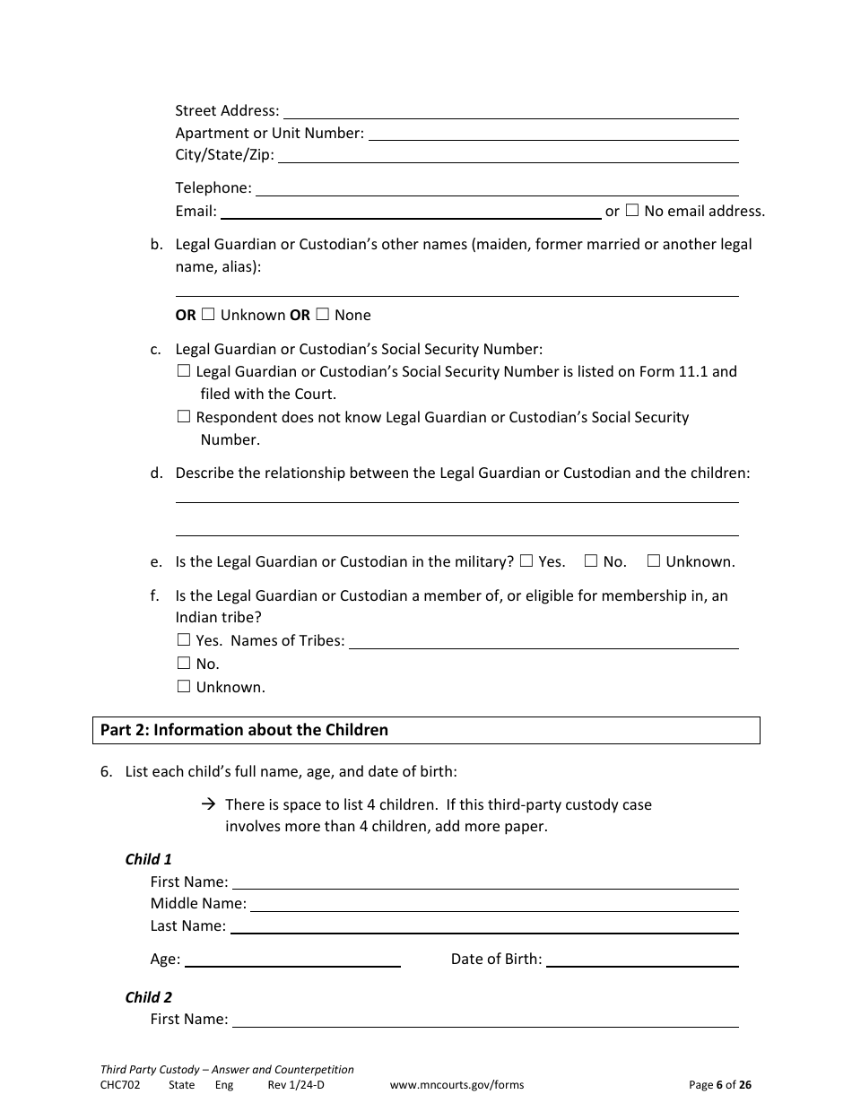 Form CHC702 Answer to Third Party Custody Petition and Counterpetition for Custody - Minnesota, Page 6