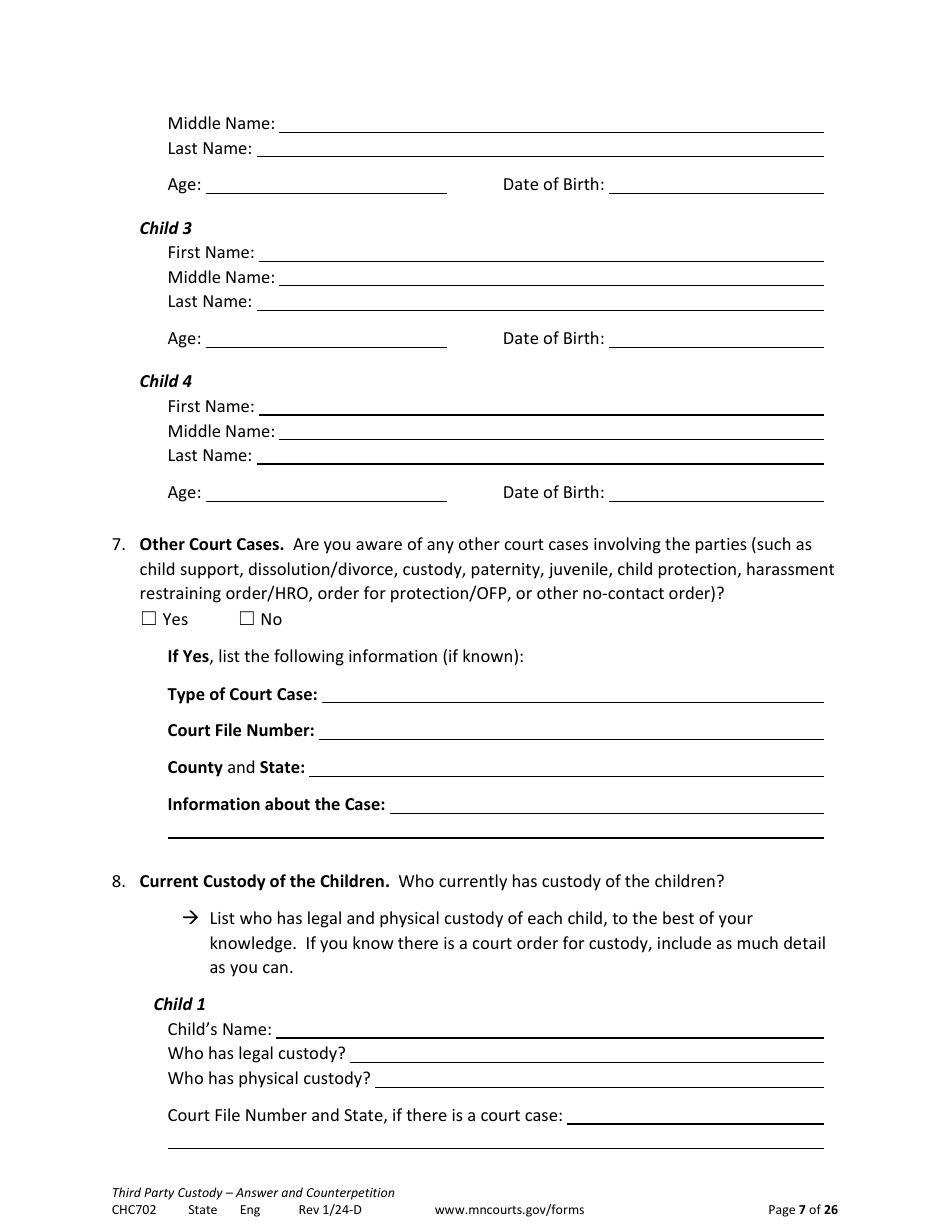Form CHC702 Answer to Third Party Custody Petition and Counterpetition for Custody - Minnesota, Page 7