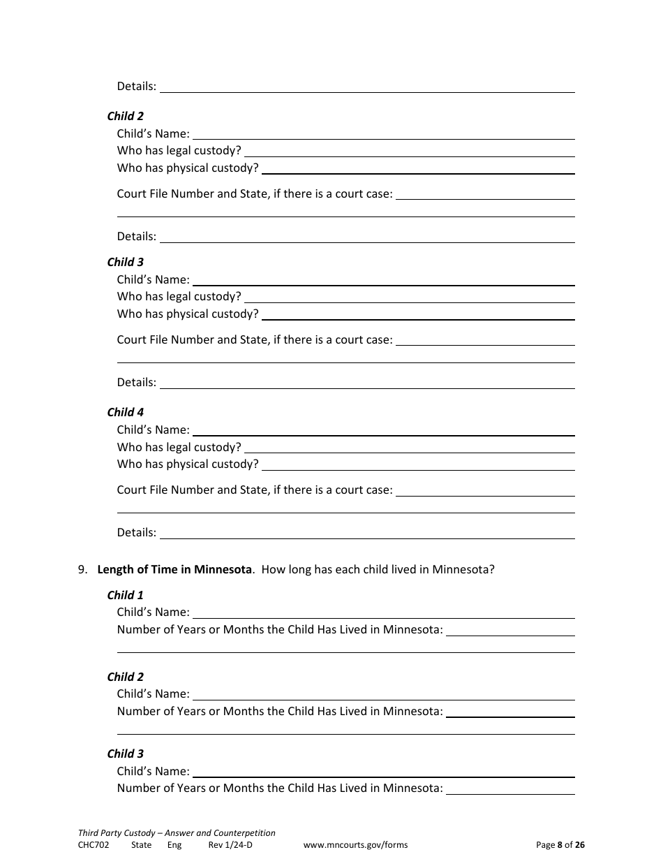 Form CHC702 Answer to Third Party Custody Petition and Counterpetition for Custody - Minnesota, Page 8