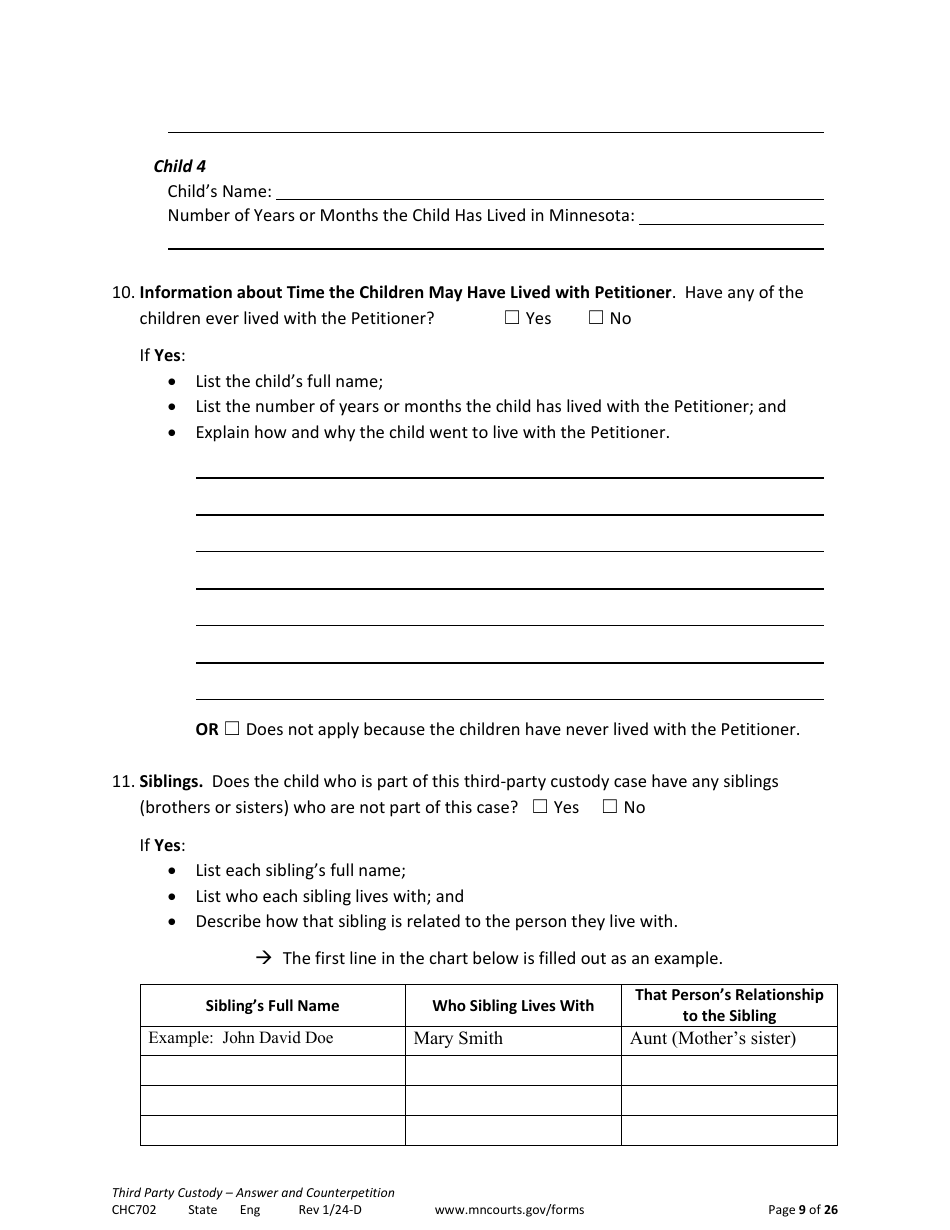 Form CHC702 Answer to Third Party Custody Petition and Counterpetition for Custody - Minnesota, Page 9