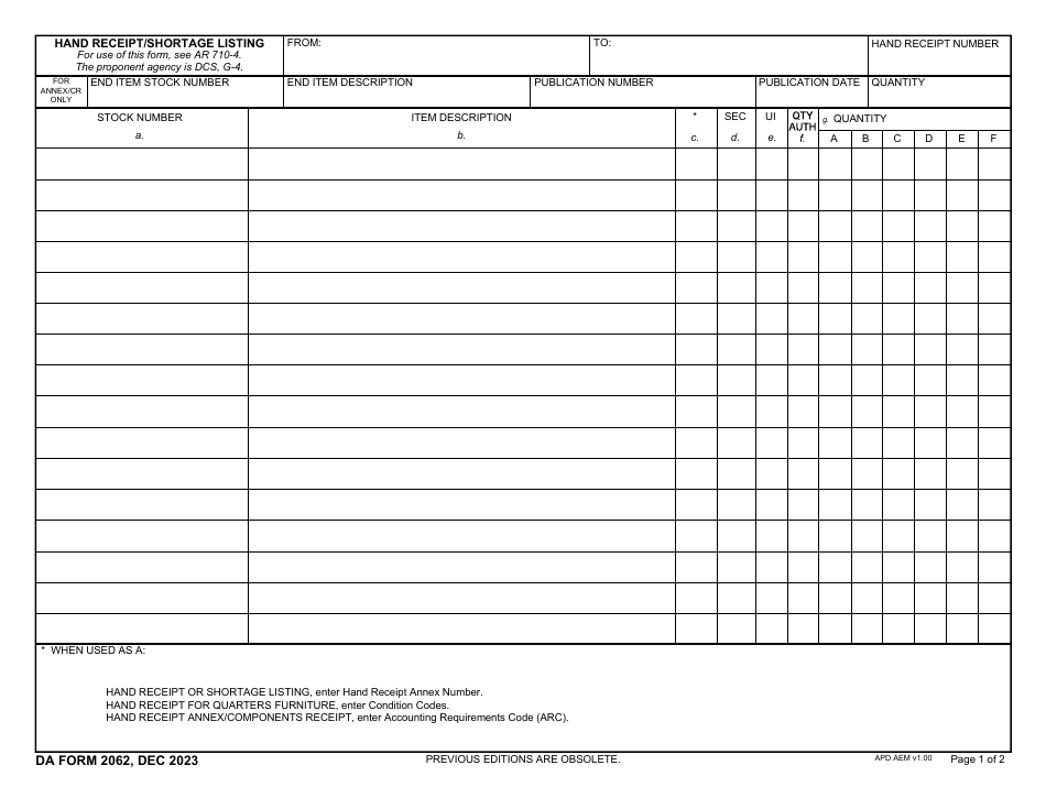 DA Form 2062 Hand Receipt / Shortage Listing, Page 1