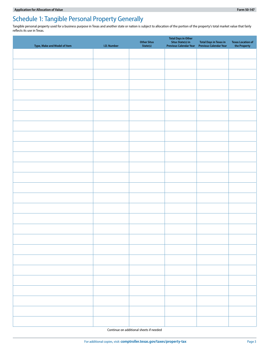 Form 50-147 Application for Allocation of Value for Personal Property Used in Interstate Commerce, Commercial Aircraft, Business Aircraft, Motor Vehicle(S), or Rolling Stock Not Owned or Leased by a Railroad - Texas, Page 3