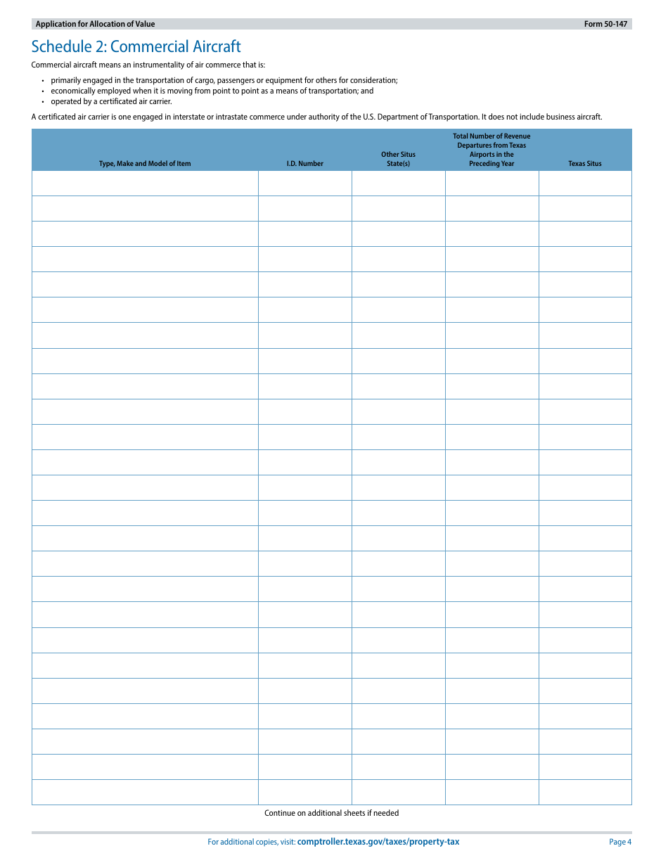 Form 50-147 Application for Allocation of Value for Personal Property Used in Interstate Commerce, Commercial Aircraft, Business Aircraft, Motor Vehicle(S), or Rolling Stock Not Owned or Leased by a Railroad - Texas, Page 4