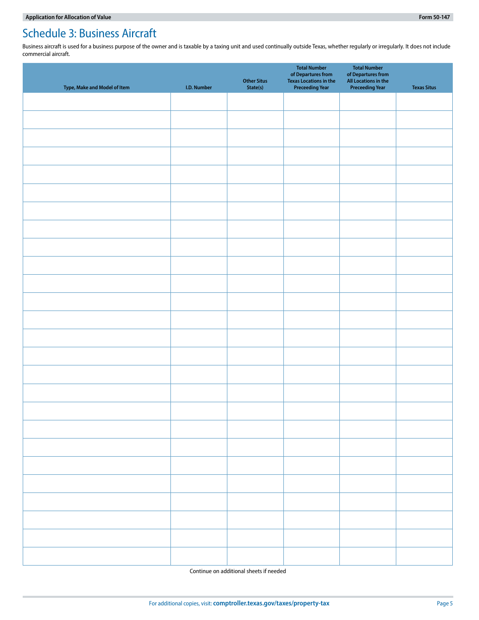 Form 50-147 Application for Allocation of Value for Personal Property Used in Interstate Commerce, Commercial Aircraft, Business Aircraft, Motor Vehicle(S), or Rolling Stock Not Owned or Leased by a Railroad - Texas, Page 5