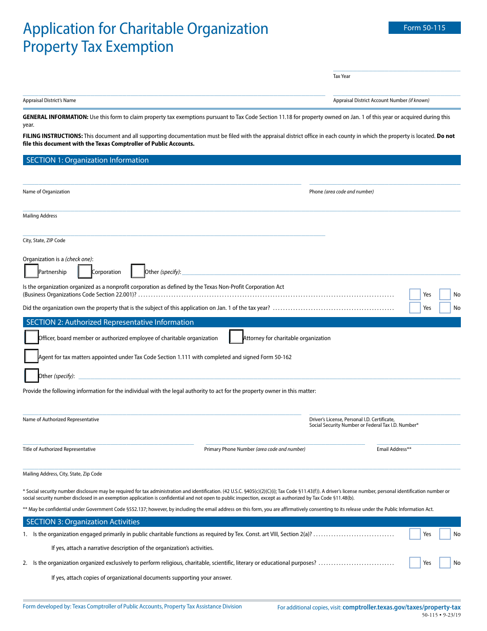 Form 50-115 Application for Charitable Organization Property Tax Exemption - Texas, Page 1