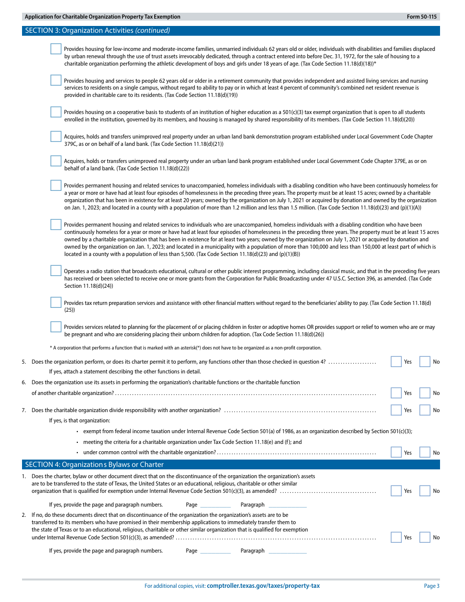 Form 50-115 Application for Charitable Organization Property Tax Exemption - Texas, Page 3