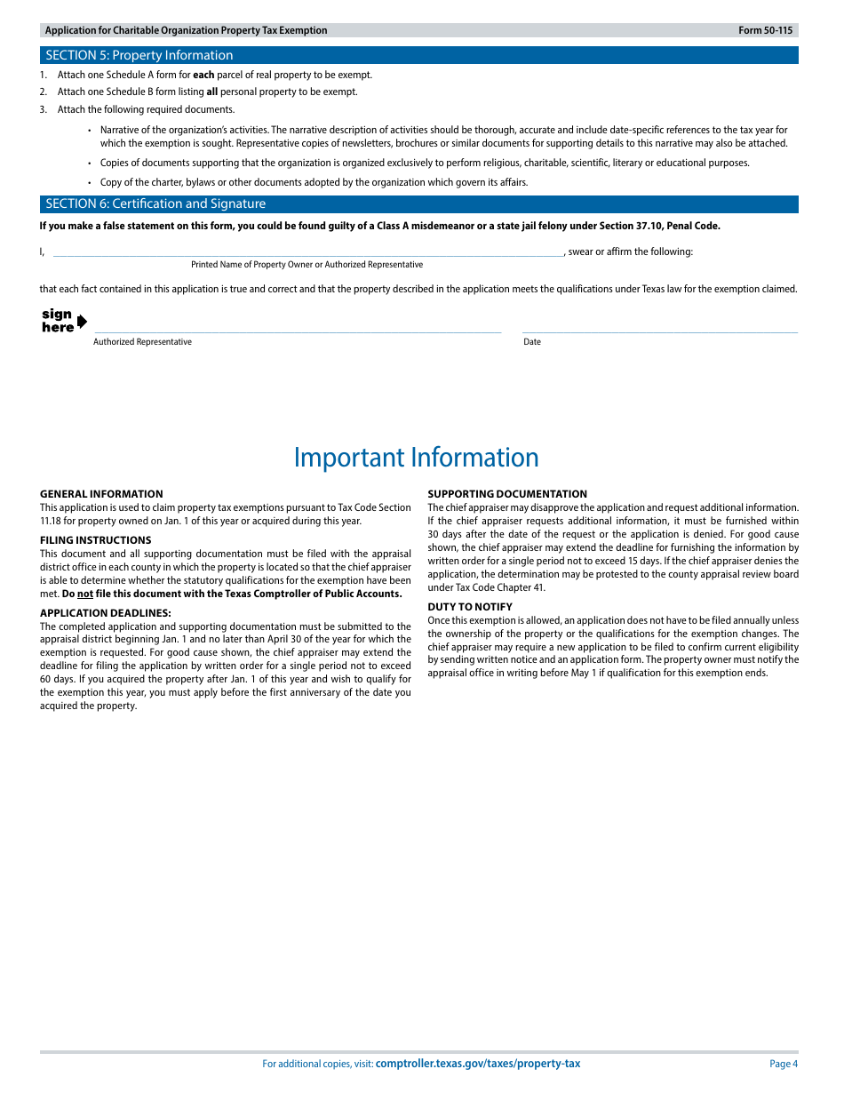 Form 50-115 Application for Charitable Organization Property Tax Exemption - Texas, Page 4