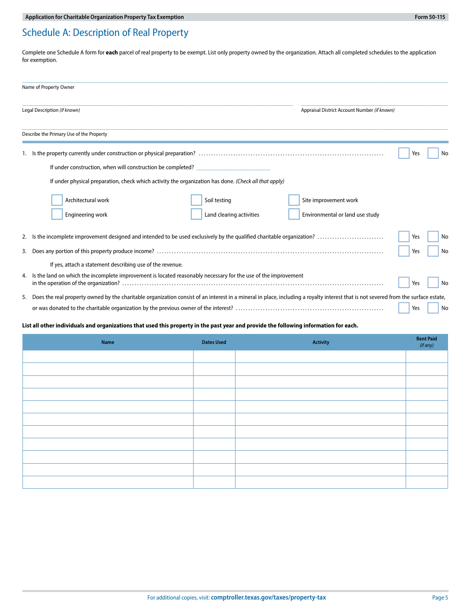Form 50-115 Application for Charitable Organization Property Tax Exemption - Texas, Page 5