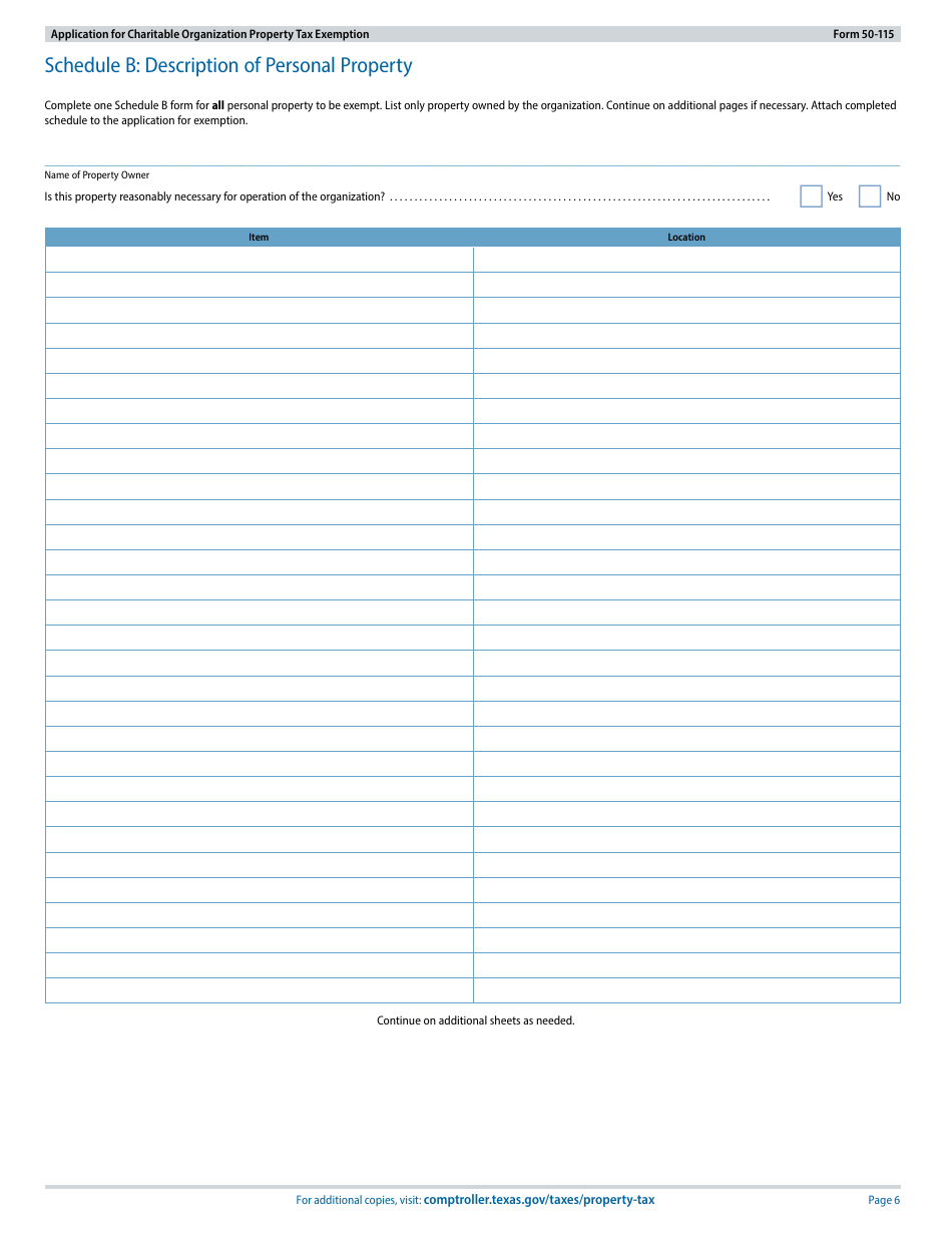 Form 50-115 Application for Charitable Organization Property Tax Exemption - Texas, Page 6