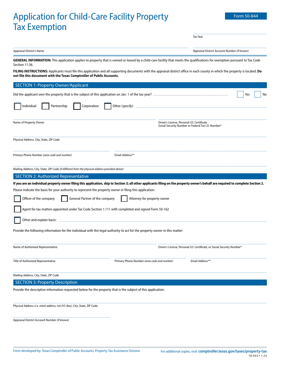 Form 50-844 Application for Child-Care Facility Property Tax Exemption - Texas, Page 1