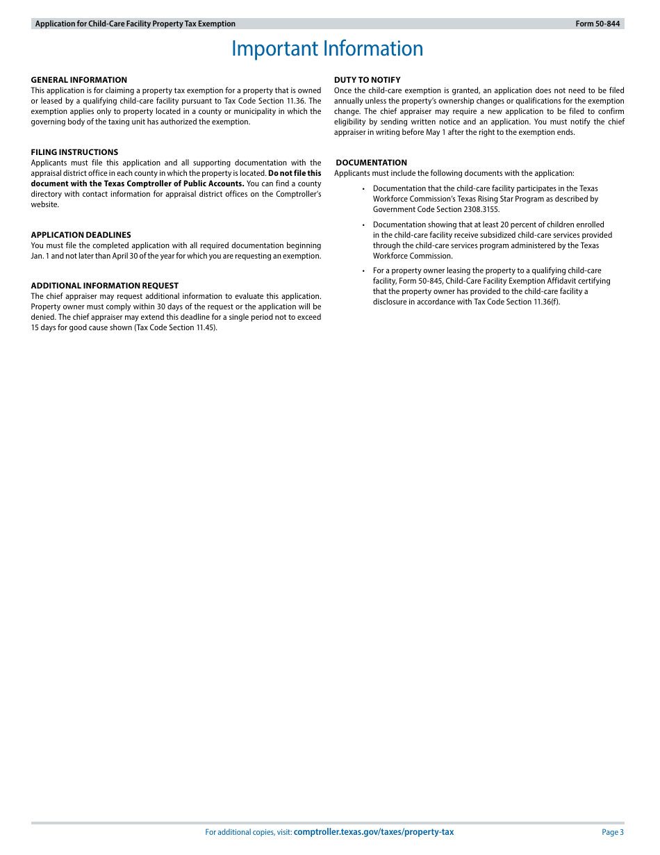 Form 50-844 Application for Child-Care Facility Property Tax Exemption - Texas, Page 3