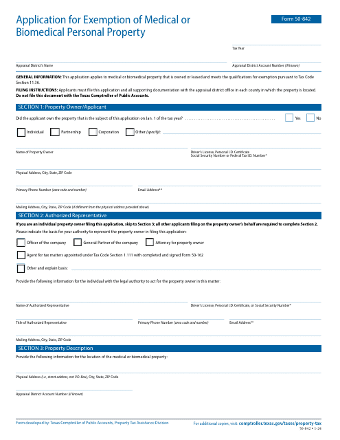 Form 50-842 Application for Exemption of Medical or Biomedical Personal Property - Texas