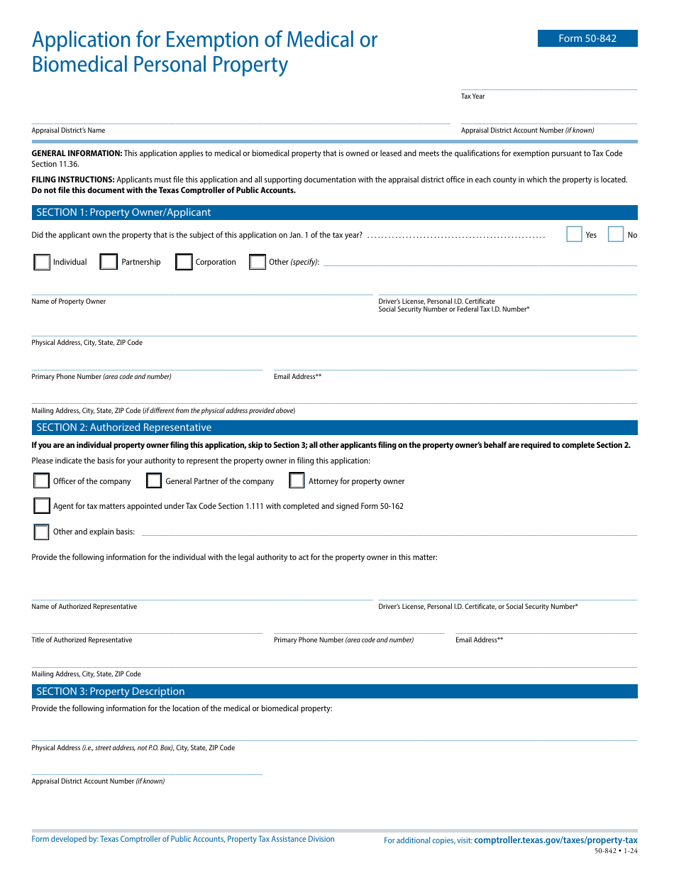 Form 50-842 Application for Exemption of Medical or Biomedical Personal Property - Texas, Page 1