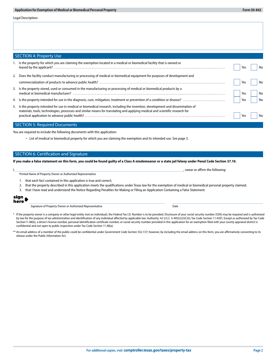Form 50-842 Application for Exemption of Medical or Biomedical Personal Property - Texas, Page 2