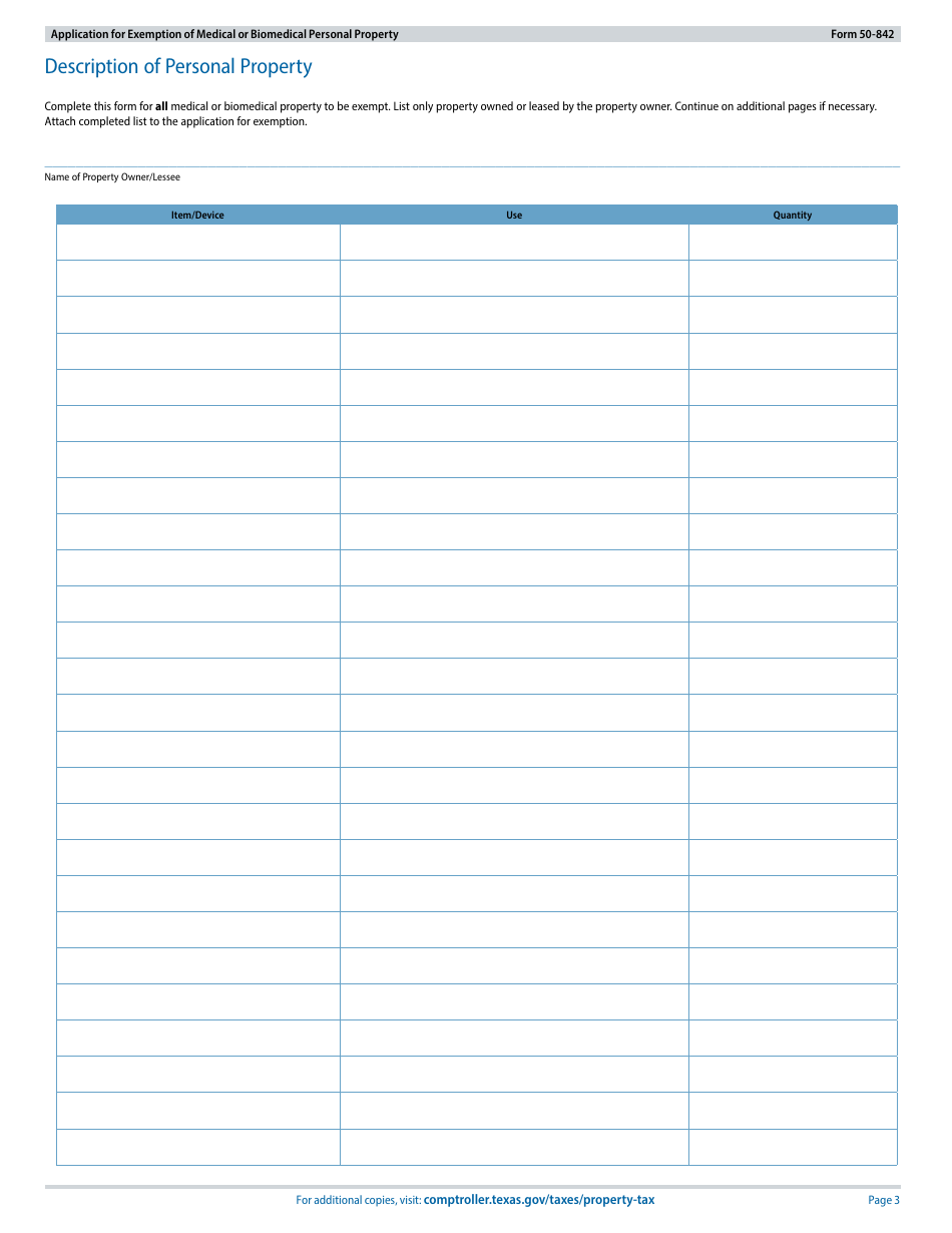 Form 50-842 Application for Exemption of Medical or Biomedical Personal Property - Texas, Page 3