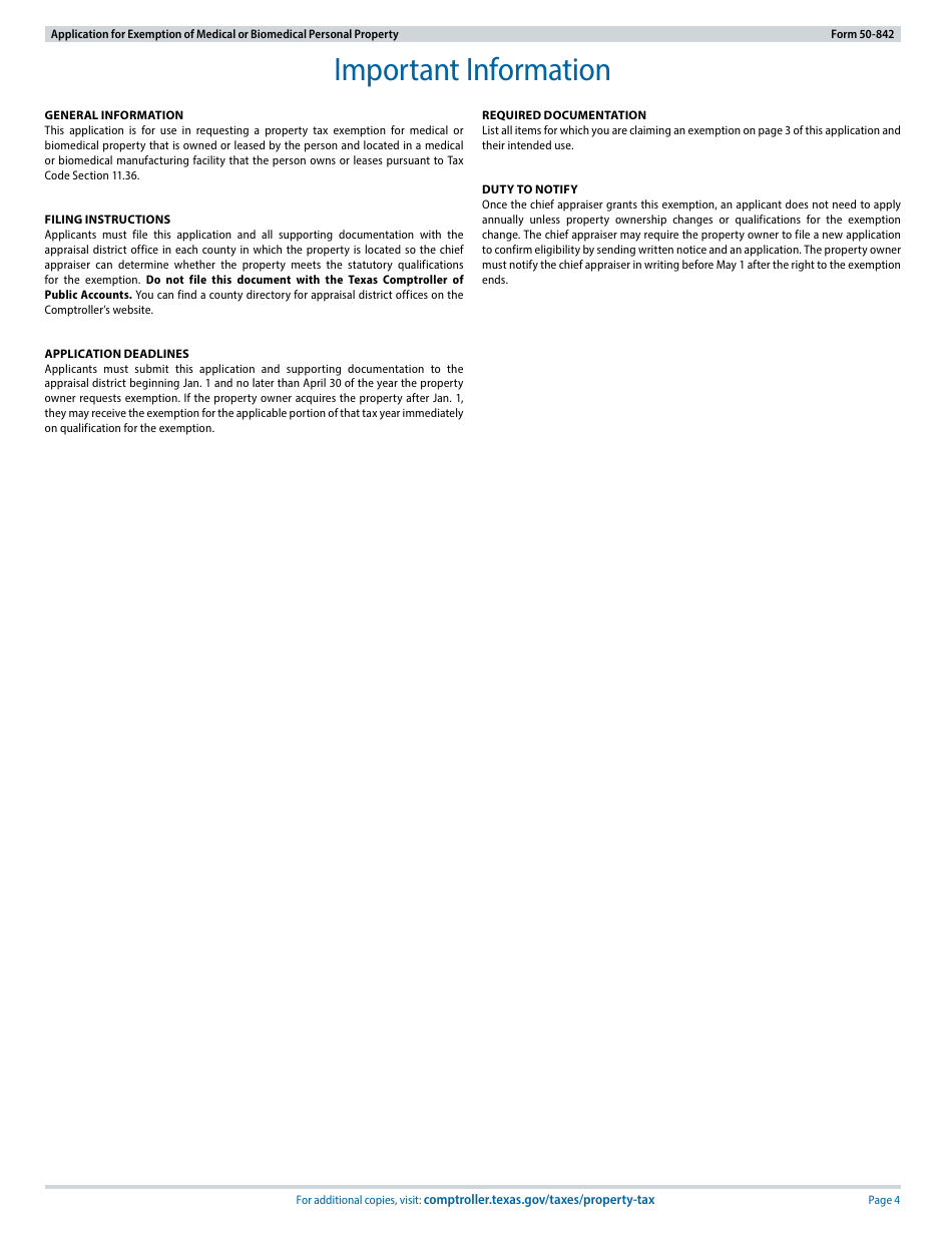 Form 50-842 Application for Exemption of Medical or Biomedical Personal Property - Texas, Page 4